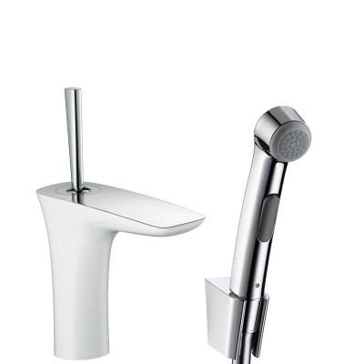 Змішувач Hansgrohe PuraVida для раковини з гігієнічним душем і зливним клапаном Push-Open, білий / хром (15275400)